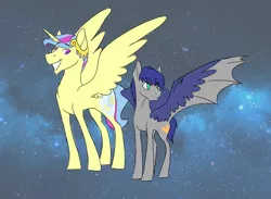 Size: 3000x2200 | Tagged: adopted offspring, alicorn, artist:phobicalbino, cousins, dawn pony, derpibooru import, duo, genderfluid, grin, hybrid wings, next generation, oc, oc:diamond song, oc:night glimmer, offspring, parent:princess cadance, parent:shining armor, parents:shiningcadance, parent:twilight sparkle, safe, smiling, spread wings, starry backdrop, unofficial characters only, wing claws, wings