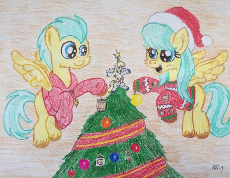 Size: 1280x992 | Tagged: safe, artist:mopar96, derpibooru import, barley barrel, derpy hooves, pickle barrel, pegasus, pony, barrel, barrel twins, brother and sister, christmas, christmas tree, clothes, colt, decorating, decoration, female, filly, flying, garland, hat, holiday, male, ornaments, santa hat, shirt, siblings, stars, sweater, sweatshirt, tree, twins