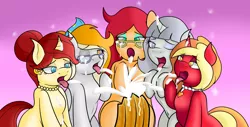 Size: 3306x1674 | Tagged: suggestive, artist:big brawler, derpibooru import, oc, oc:cylia fever, oc:golden brooch, oc:rita cloudy, oc:rosa bianca, oc:vivian cereza, unofficial characters only, earth pony, pegasus, pony, unicorn, churros, collar, cream, curved horn, female, food, food porn, glasses, horn, jewelry, milf, mother, necklace, tongue out