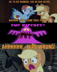 Size: 640x818 | Tagged: safe, artist:undeadponysoldier, derpibooru import, edit, edited screencap, editor:undeadponysoldier, screencap, applejack, rainbow dash, earth pony, ghost, pegasus, pony, undead, castle mane-ia, bogmire, crossover, female, funny, hub logo, humor, luigi's mansion, mare, proven wrong, scared, screaming, sup bitches, the hub, vulgar