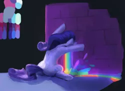 Size: 1763x1286 | Tagged: safe, artist:jargon scott, artist:rhorse, deleted from derpibooru, derpibooru import, rarity, pony, unicorn, collaboration, female, mare, puking rainbows, rainbow, solo, vomit, vomiting