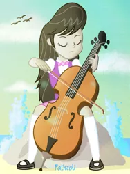 Size: 1536x2048 | Tagged: safe, artist:fathzoli, derpibooru import, octavia melody, bird, equestria girls, beach, cello, cloud, eyes closed, female, musical instrument, ocean, rock, sand, sitting, sky, solo, water, wave