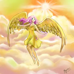 Size: 3500x3500 | Tagged: artist:unnameluna, beautiful, clothes, cloud, derpibooru import, dress, fluttershy, flying, human, humanized, safe, solo, sun, winged humanization, wings