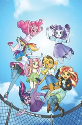 Size: 1186x1800 | Tagged: safe, artist:pencils, derpibooru import, edit, editor:rmzero, idw, applejack, fluttershy, pinkie pie, rainbow dash, rarity, sci-twi, sunset shimmer, twilight sparkle, equestria girls, spoiler:comic, armpits, boots, clothes, cloud, comic cover, converse, cowboy hat, cute, denim skirt, dress, hat, humane five, humane seven, humane six, jumping, leather, leather boots, march radness, pantyhose, ribbon sandals, shoes, skirt, sky, sneakers, stetson, sun, tanktop, tights, trampoline
