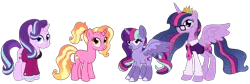 Size: 1280x430 | Tagged: safe, artist:unicorn-mutual, derpibooru import, luster dawn, starlight glimmer, twilight sparkle, twilight sparkle (alicorn), oc, oc:nova andromeda, alicorn, pony, clothes, female, headmare starlight, lesbian, magical lesbian spawn, offspring, parent:starlight glimmer, parent:twilight sparkle, parents:twistarlight, shipping, simple background, transparent background, twistarlight