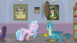 Size: 1280x720 | Tagged: safe, derpibooru import, edit, edited screencap, screencap, aurora (character), gallus, silverstream, yickslur, classical hippogriff, gryphon, hippogriff, yak, a matter of principals, amulet, amulet of aurora, beak, beakless, bookshelf, bust, cartoon physics, chair, crown, crown of grover, duo, got your nose, helm of yickslur, helmet, implied king grover, jewelry, library, modular, no mouth, open beak, open mouth, painting, portrait, regalia, school of friendship, story included