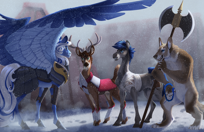 Size: 5100x3300 | Tagged: safe, artist:turnipberry, deleted from derpibooru, derpibooru import, oc, anthro, deer, diamond dog, digitigrade anthro, earth pony, pegasus, fanfic:where the heart lies, armor, axe, bandage, battle axe, beads, clothes, prayer beads, quartet, realistic horse legs, spread wings, weapon, wings, winter