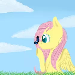 Size: 1024x1024 | Tagged: safe, artist:applejack-lover-fan, derpibooru import, fluttershy, butterfly, pegasus, pony, bust, butterfly on nose, female, grass, insect on nose, looking at something, mare, outdoors, profile, raised hoof, sky, solo, spread wings, stray strand, wings