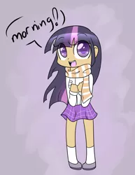 Size: 2975x3850 | Tagged: artist:applejack-lover-fan, clothes, colored pupils, cute, derpibooru import, dialogue, high res, human, humanized, miniskirt, plaid skirt, safe, scarf, shoes, skirt, socks, solo, twiabetes, twilight sparkle