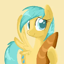 Size: 256x256 | Tagged: safe, artist:applejack-lover-fan, derpibooru import, sunshower raindrops, pegasus, pony, baguette, bread, female, food, hoof hold, mare, pixel art, simple background, smiling, solo, spread wings, standing, wings, yellow background