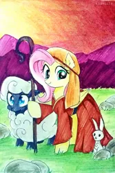 Size: 2322x3467 | Tagged: safe, artist:liaaqila, derpibooru import, angel bunny, fluttershy, pegasus, pony, rabbit, sheep, animal, clothes, female, grass, hoof hold, looking at you, mare, raised hoof, robe, rock, shepherd, shepherd's crook, sunset, traditional art