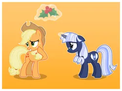 Size: 6000x4469 | Tagged: safe, artist:estories, derpibooru import, applejack, oc, oc:silverlay, pony, unicorn, absurd resolution, canon x oc, female, gradient background, holly, holly mistaken for mistletoe, lesbian, magic, mare, shipping, silverjack