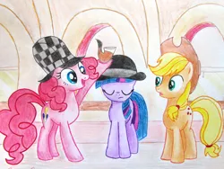 Size: 4320x3240 | Tagged: applejack, artist:0okami-0ni, bowler hat, bubble pipe, derpibooru import, hat, mmmystery on the friendship express, pinkie pie, pipe, safe, sherlock hat, traditional art, twilight sparkle