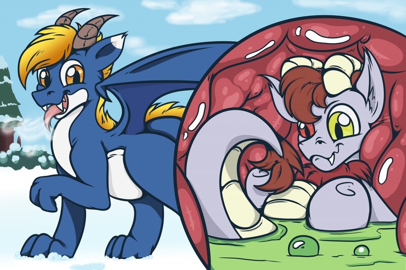 Size: 1280x853 | Tagged: questionable, artist:change, artist:splitterpic, derpibooru import, oc, oc:nyama, oc:splitter, dracony, dragon, hybrid, pony, belly, breath, cold, eaten alive, internal, size difference, snow, stomach acid, vore, winter