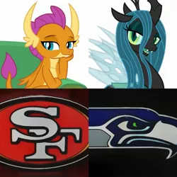 Size: 2289x2289 | Tagged: american football, changeling, collage, derpibooru import, dragon, nfl, queen chrysalis, safe, san francisco 49ers, seattle seahawks, smolder, sports