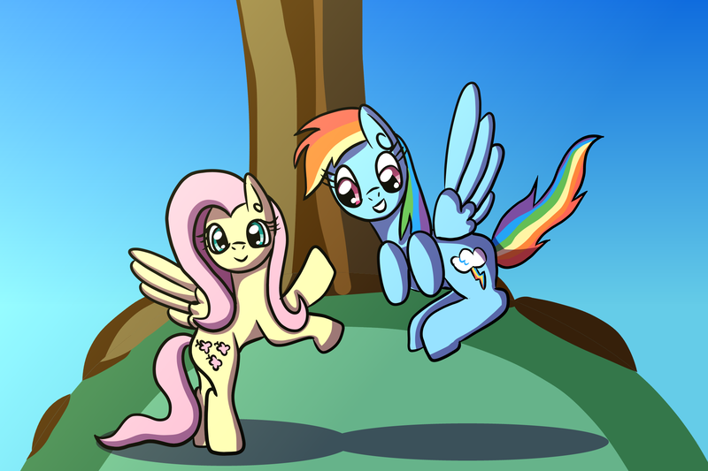 Size: 2048x1365 | Tagged: safe, artist:platinumdrop, derpibooru import, fluttershy, rainbow dash, pegasus, female, hill, mare, tree