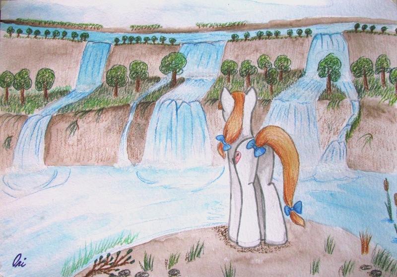 Size: 3746x2617 | Tagged: safe, artist:0okami-0ni, derpibooru import, oc, unofficial characters only, bow, rear view, solo, traditional art, waterfall