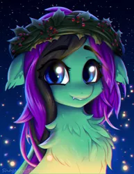 Size: 950x1228 | Tagged: safe, artist:shoggoth-tan, derpibooru import, oc, oc:mintybatty, unofficial characters only, bat pony, pony, bat pony oc, bat wings, blue eyes, bust, chest fluff, christmas, chromatic aberration, commission, ear fluff, fangs, fluffy, green fur, holiday, looking at you, night, portrait, purple hair, smiling, solo, sparkles, stars, wings, ych result