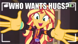 Size: 600x338 | Tagged: safe, derpibooru import, edit, edited screencap, screencap, sunset shimmer, equestria girls, equestria girls series, how to backstage, spoiler:eqg series (season 2), arms wide open, bronybait, caption, female, hug request, hugs?, image macro, outstretched arms, solo, text