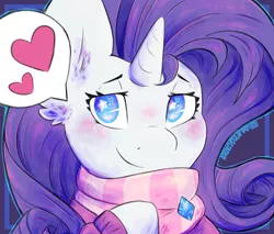 Size: 2977x2539 | Tagged: safe, artist:iroxykun, derpibooru import, rarity, pony, unicorn, bust, clothes, cute, ear fluff, female, freckles, gem, heart, heart eyes, high res, mare, no pupils, pictogram, portrait, raribetes, scarf, solo, speech bubble, starry eyes, sweater, wingding eyes, winter