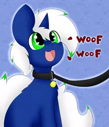 Size: 3000x3472 | Tagged: safe, artist:pegamutt, derpibooru import, oc, oc:mimic, unofficial characters only, pony, unicorn, abstract background, barking, behaving like a dog, collar, happy, leash, looking up, male, pet play, playful, sitting, solo, stallion, tail