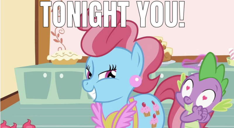 Size: 1225x672 | Tagged: artist needed, safe, derpibooru import, edit, edited screencap, editor:undeadponysoldier, screencap, cup cake, spike, dragon, earth pony, pony, lesson zero, bedroom eyes, caption, female, heart eyes, image macro, in love, infidelity, male, mare, meme, shipping, smiling, spatula, spikecake, straight, text, tonight you, wingding eyes