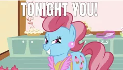 Size: 635x363 | Tagged: safe, derpibooru import, edit, edited screencap, editor:undeadponysoldier, screencap, cup cake, earth pony, pony, lesson zero, bedroom eyes, bronybait, caption, ear piercing, earring, female, image macro, jewelry, mare, meme, piercing, smiling, solo, spatula, talking to viewer, text, tonight you