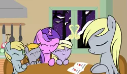 Size: 1309x768 | Tagged: safe, artist:dinkyuniverse, derpibooru import, amethyst star, chirpy hooves, crackle pop, derpy hooves, dinky hooves, pegasus, pony, unicorn, card, chair, colt, dinner, equestria's best daughter, equestria's best family, equestria's best mother, family, female, filly, headcanon, kitchen, kitchen knife, male, mother, new year, new years eve, night, snow, spatula, spoon, stove, table, thank you card