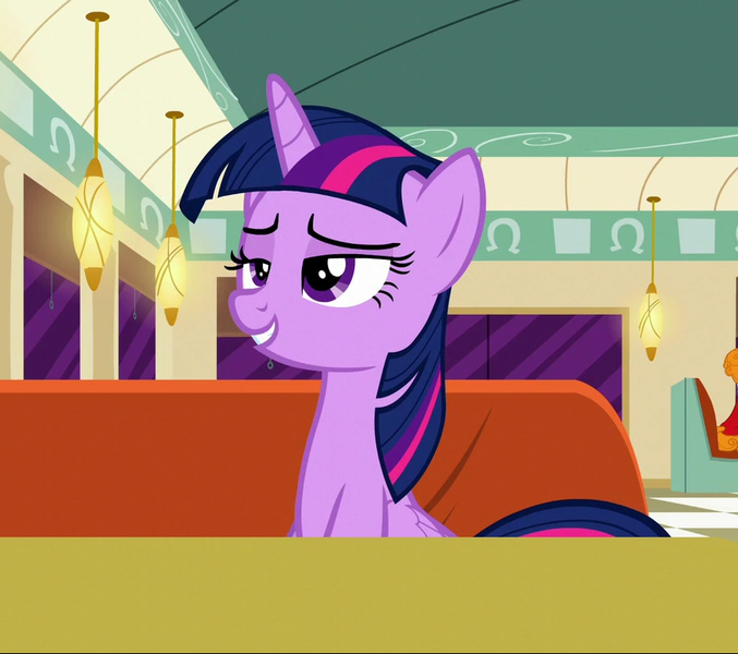 Size: 814x721 | Tagged: safe, derpibooru import, screencap, twilight sparkle, twilight sparkle (alicorn), alicorn, pony, the saddle row review, cropped, diner, female, horn, lidded eyes, mare, sitting, smiling, smirk, smuglight sparkle, solo, wings