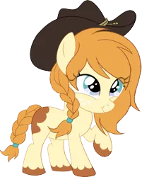 Size: 1121x1392 | Tagged: safe, artist:owlity, derpibooru import, oc, oc:rudy chimes, unofficial characters only, earth pony, pony, 2020 community collab, derpibooru community collaboration, braid, braided tail, cowgirl, female, filly, hat, raised hoof, simple background, smiling, solo, transparent background