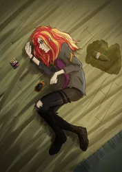 Size: 3508x4961 | Tagged: semi-grimdark, artist:minegirl007, artist:shyinka, derpibooru import, sunset shimmer, human, equestria girls, bacon hair, bags under eyes, bloodshot eyes, boots, bottle, bracelet, cigarette, cigarette pack, clothes, combat boots, cracked screen, crying, depressed, depression, drinking, drug use, drugs, drunk, drunker shimmer, edgy, edgy as fuck, eyebrow piercing, food, humanized, jacket, jeans, jewelry, laying on floor, leather jacket, lip piercing, lying down, meat, metal, pants, phone, piercing, punk, red hair, ripped jeans, ripped pants, sad, sadness, shoes, side, smoking, solo, straps, sunset's apartment, teary eyes