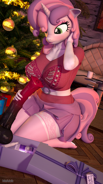 Size: 2160x3840 | Tagged: questionable, artist:muhjob, derpibooru import, sweetie belle, anthro, plantigrade anthro, unicorn, art pack:winter wonderland 2019, 3d, blushing, breasts, busty sweetie belle, christmas, christmas tree, clothes, dildo, feet, female, holiday, horsecock dildo, lube, miniskirt, older, older sweetie belle, pleated skirt, present, sex toy, skirt, socks, solo, solo female, source filmmaker, thigh highs, tree