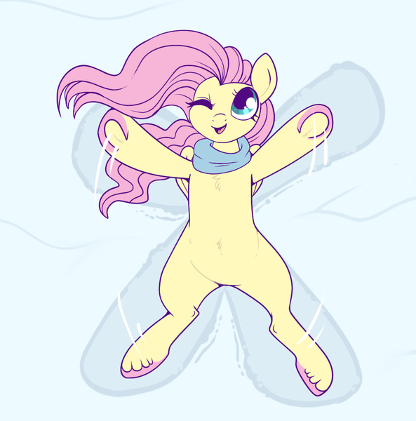 Size: 1064x1077 | Tagged: safe, artist:lulubell, derpibooru import, fluttershy, pegasus, pony, clothes, colored hooves, cute, female, frog (hoof), mare, on back, one eye closed, overhead view, scarf, shyabetes, snow, snow angel, solo, underhoof, unshorn fetlocks