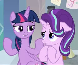 Size: 1131x939 | Tagged: safe, derpibooru import, screencap, starlight glimmer, twilight sparkle, twilight sparkle (alicorn), alicorn, pony, unicorn, a horse shoe-in, advice, amused, ashamed, cropped, cute, duo, female, floppy ears, folded wings, glimmerbetes, guilty, hair flip, lidded eyes, looking at each other, mare, raised hooves, sitting, smiling, smirk, twiabetes, upset, wings