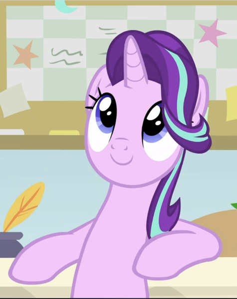 Size: 745x941 | Tagged: safe, derpibooru import, screencap, starlight glimmer, pony, unicorn, a horse shoe-in, bipedal, cropped, cute, desk, female, glimmerbetes, inkwell, leaning, leaning back, mare, quill, smiling, solo