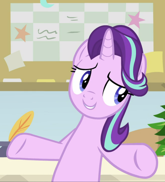 Size: 849x937 | Tagged: safe, derpibooru import, screencap, starlight glimmer, pony, unicorn, a horse shoe-in, bipedal, bipedal leaning, cropped, desk, female, inkwell, leaning, leaning back, mare, quill, smiling, solo, spread hooves, underhoof