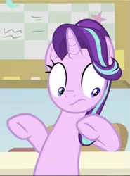Size: 695x940 | Tagged: safe, derpibooru import, screencap, starlight glimmer, pony, unicorn, a horse shoe-in, bipedal, bipedal leaning, cropped, female, leaning, leaning back, looking down, mare, shrunken pupils, solo, surprised, underhoof