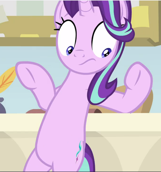 Size: 880x942 | Tagged: safe, derpibooru import, screencap, starlight glimmer, pony, unicorn, a horse shoe-in, belly, bipedal, bipedal leaning, cropped, desk, female, leaning, leaning back, looking down, mare, shrunken pupils, solo, surprised, underhoof