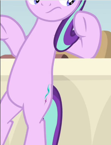 Size: 721x938 | Tagged: safe, derpibooru import, screencap, starlight glimmer, pony, unicorn, a horse shoe-in, belly, bipedal, bipedal leaning, cropped, desk, female, leaning, leaning back, looking down, mare, solo, underhoof, wavy mouth