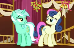 Size: 945x618 | Tagged: safe, derpibooru import, edit, edited screencap, editor:secrettitan, screencap, bon bon, lyra heartstrings, sweetie drops, earth pony, pony, unicorn, slice of life (episode), christmas, female, holiday, lesbian, lidded eyes, lyrabon, mistleholly, mistletoe meme, shipping, town hall