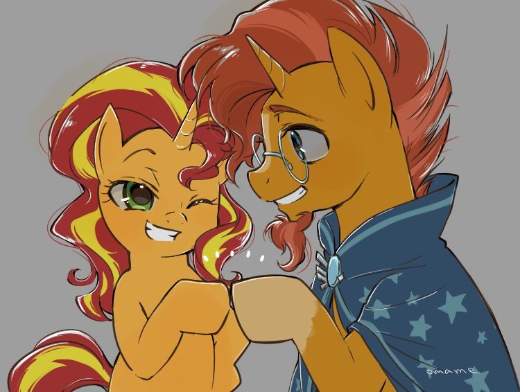Size: 750x566 | Tagged: safe, artist:5mmumm5, derpibooru import, sunburst, sunset shimmer, pony, unicorn, brother and sister, cape, clothes, cute, female, glasses, gray background, grin, hoofbump, looking at each other, male, mare, one eye closed, siblings, simple background, smiling, stallion, sunny siblings, wink