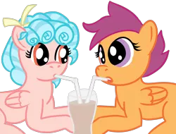 Size: 4096x3112 | Tagged: safe, artist:poniidesu, derpibooru import, cozy glow, scootaloo, pegasus, pony, /mlp/, chocolate, chocolate milk, chocolate milkshake, colored, cozybetes, cozyloo, cute, duo, female, filly, flat colors, food, high res, lesbian, milk, milkshake, shipping, simple background, straw, transparent background