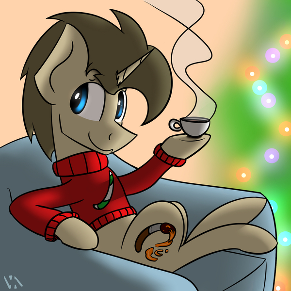 Size: 1920x1920 | Tagged: safe, artist:valthonis, derpibooru import, oc, oc:valthonis, unicorn, anatomically incorrect, christmas, christmas lights, christmas tree, coffee, cup, holiday, sitting, smiling, tree