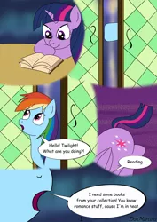 Size: 2480x3508 | Tagged: alicorn, artist:donmarcino, book, comic, comic:first experiment, derpibooru import, dialogue, door, female, library, mare, pegasus, rainbow dash, reading, suggestive, twilight's castle, twilight sparkle, twilight sparkle (alicorn)