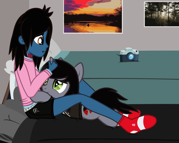 Size: 2182x1747 | Tagged: safe, artist:lightningbolt, derpibooru import, ponified, ponified:kellin quinn, ponified:oliver sykes, human, pony, unicorn, equestria girls, .svg available, bed, boxers, bring me the horizon, camera, clothes, disguise, disguised siren, equestria girls-ified, fangs, gay, head on lap, horn, horn grab, human on pony snuggling, image, interspecies, lip piercing, long sleeves, looking at each other, male, piercing, pillow, prone, shipping, shirt, sitting, sleeping with sirens, slit eyes, smiling, snuggling, socks, sonic the hedgehog, sonic the hedgehog (series), stallion, svg, t-shirt, tattoo, underwear, vector