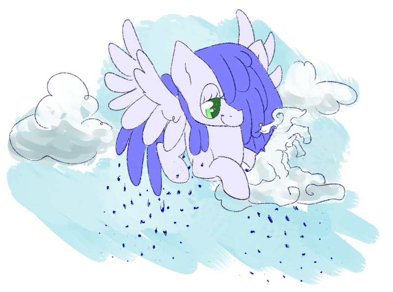 Size: 988x735 | Tagged: artist needed, safe, derpibooru import, oc, oc:raincloud drops, unofficial characters only, pegasus, pony, blue coat, blue mane, cloud, green eyes, rain, sky, solo