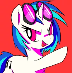 Size: 985x1000 | Tagged: safe, artist:mewball, derpibooru import, vinyl scratch, pony, unicorn, female, mare, open mouth, red background, simple background, solo