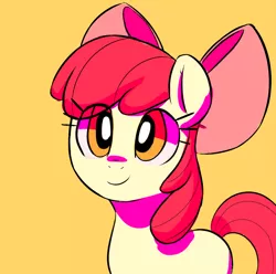 Size: 1280x1271 | Tagged: safe, artist:mewball, derpibooru import, apple bloom, earth pony, pony, adorabloom, blank flank, cellshaded, cute, eye clipping through hair, female, filly, orange background, orange eyes, simple background, solo