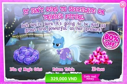 Size: 1554x1030 | Tagged: safe, derpibooru import, official, trixie, pony, unicorn, the last problem, advertisement, clothes, coin, costs real money, crack is cheaper, female, gameloft, gem, magic coins, mare, older, older trixie, solo