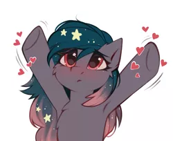 Size: 2649x2162 | Tagged: safe, alternate version, artist:rivibaes, artist:share dast, derpibooru import, oc, oc:star universe, unofficial characters only, pegasus, pony, armpits, blushing, cute, ethereal mane, female, heart, hooves, hooves up, love, mare, ocbetes, sad, sadorable, simple background, starry mane, upsies, white background